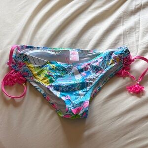 Lilly Pulitzer Blue Tropical Print Bikini Bottom with Pink Ties
